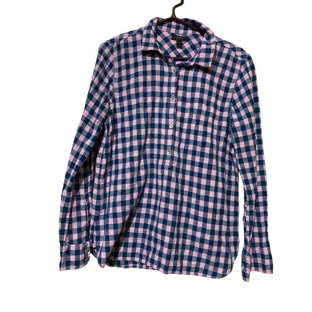 J.Crew Pink Navy Gingham Button Down Cotton Shirt Womens Size 8 Long Sleeve